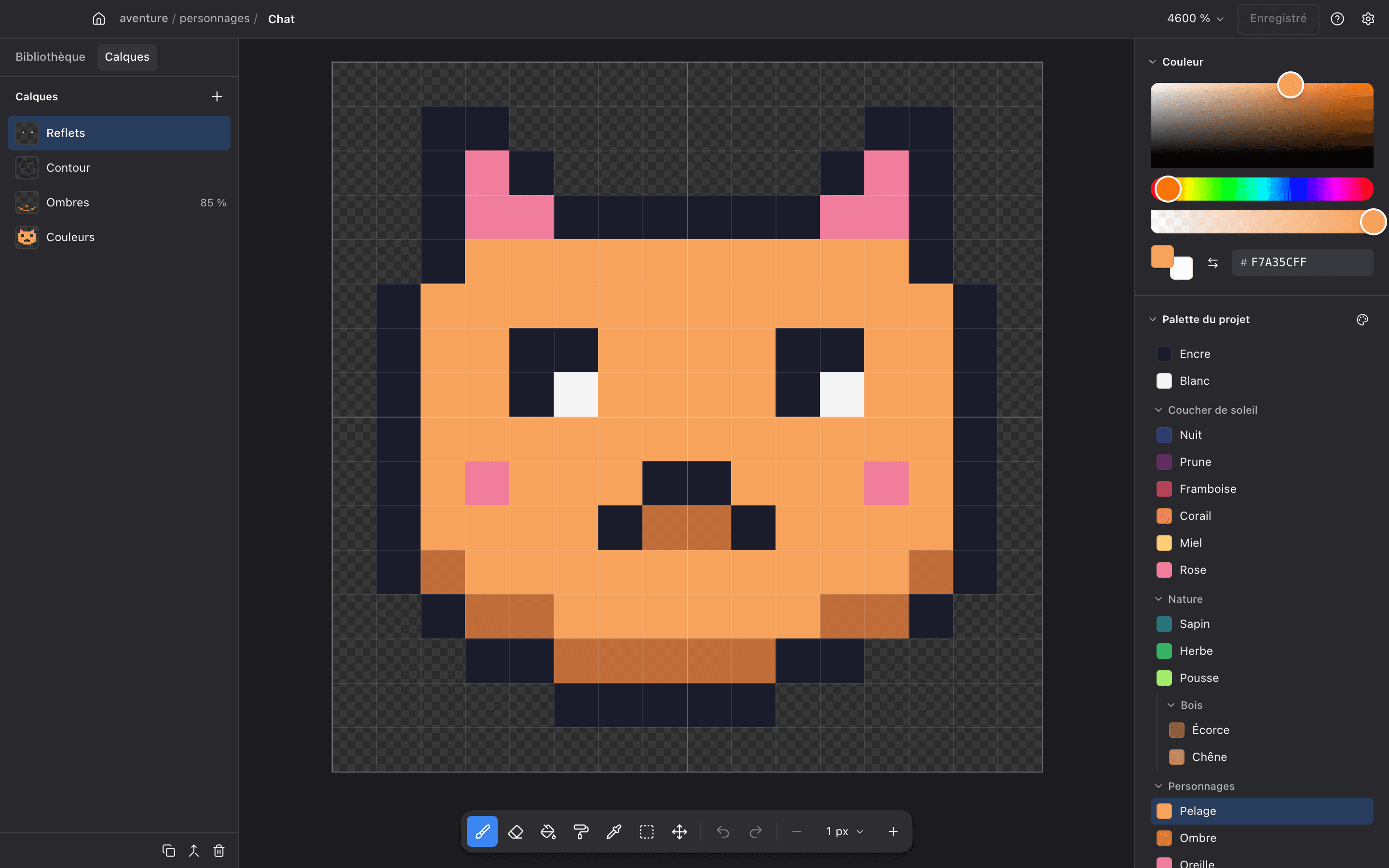 Un chat en pixel art de 16 × 16 pixels, avec la grille de pixels affichée.