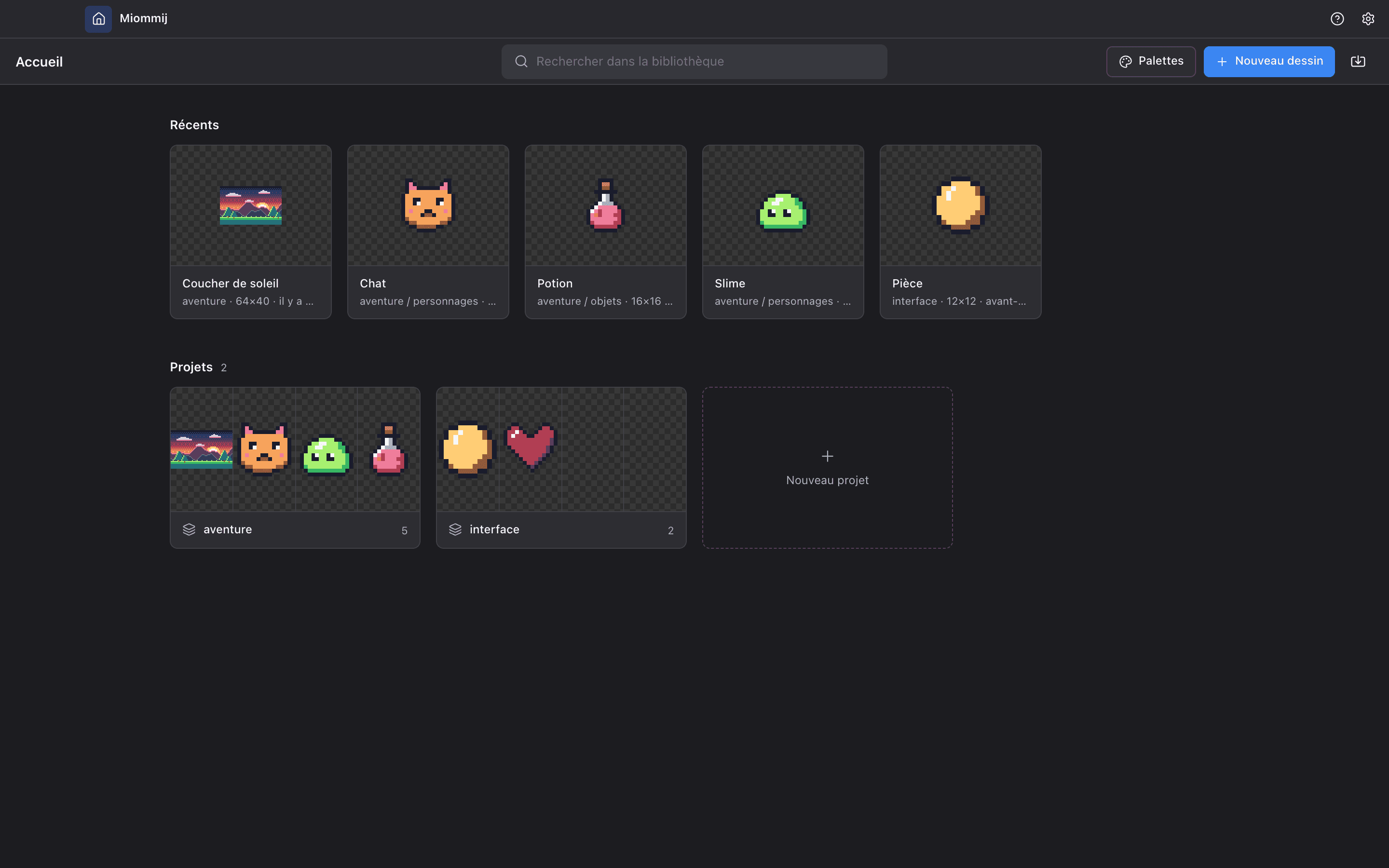 L'accueil de Miommij : les dessins récents et les projets aventure et interface.