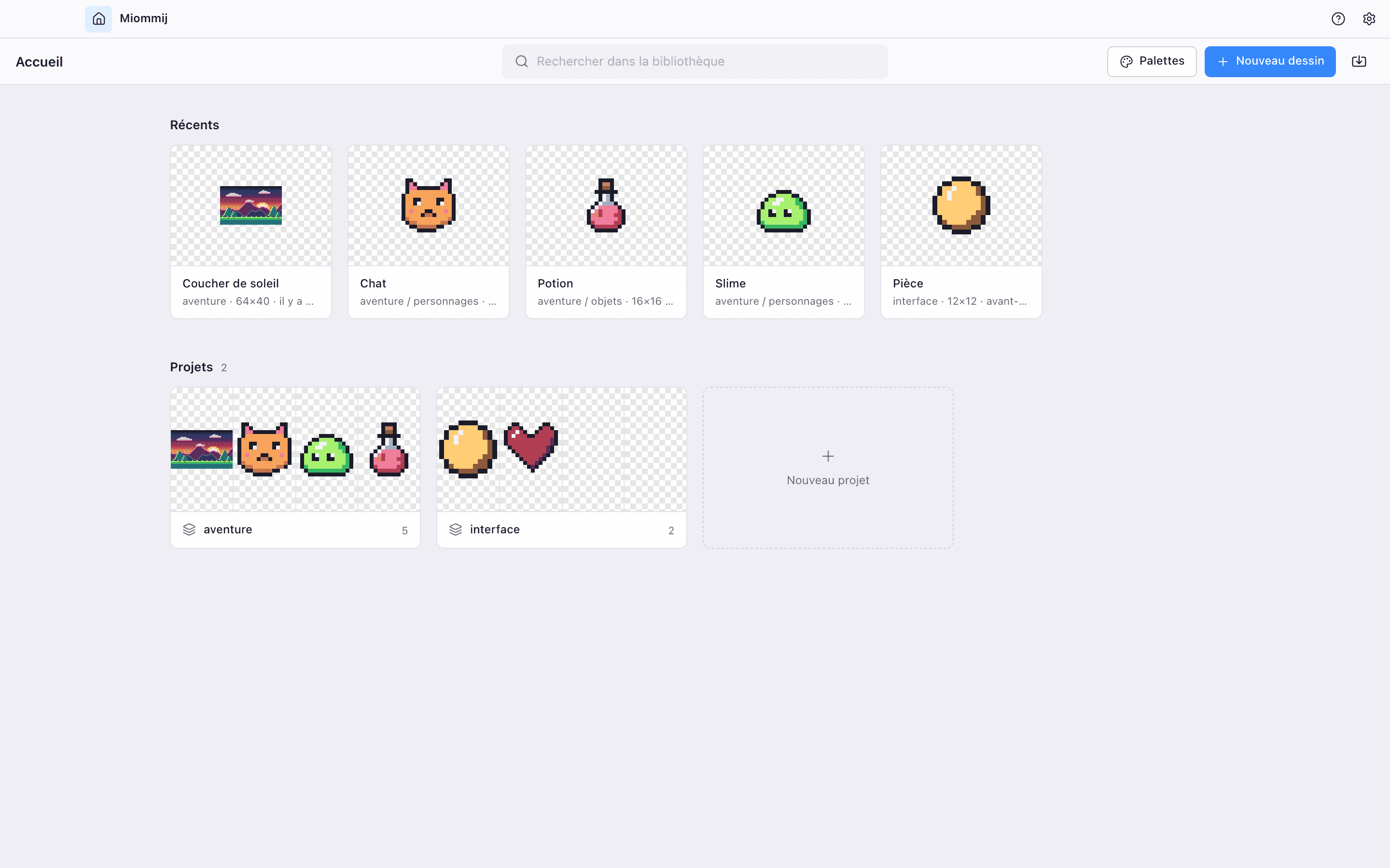L'accueil de Miommij : les dessins récents et les projets aventure et interface.